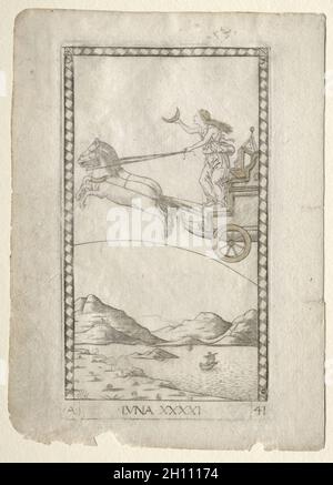 Luna (aus den Tarocchi, Serie A: Firmaments of the Universe, #41), vor 1467. Meister der E-Serie Tarocchi (italienisch, 15. Jahrhundert). Gravur; Stockfoto