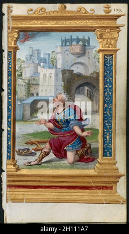Blatt aus einem Stundenbuch: König David im Gebet (2 von 3 ausgeschnitten Blättern), c. 1530-35. Noël Bellemare (Französisch, d. 1546), die 1520er Stunden Workshop (Französisch). Tinte, Tempera und flüssiges Gold auf Pergament; jedes Blatt: 11.2 x 6.4 cm (4 7/16 x 2 1/2 Zoll). Stockfoto