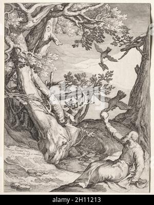 Szenen des Propheten Elijah: Elijah in der Wildnis Fed von Ravens, 1604. Jan Saenredam (Niederländisch, 1565-1607), Jan Saenredam (Niederländisch, 1565-1607), nach Abraham Bloemaert (Niederländisch, 1564-1651). Gravur; Blatt: 25.5 x 19.5 cm (10 1/16 x 7 11/16 Zoll). Stockfoto