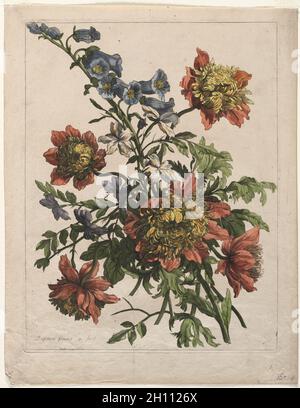 Bouquet. Jean-Baptiste i Monnoyer (Französisch, c. 1636-1699). Radierung und Gravur, handfarbig; Stockfoto