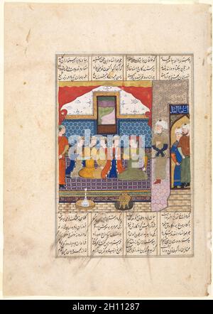 Nushirwan schickt Mihran Sitad, um die Tochter des Königs von China (recto) aus einem Shahnama (Buch der Könige) von Firdausi (940–1019 oder 1025), c. 1482. Iran, Shiraz, Timuridzeit (1370-1501). Deckendes Aquarell, Tinte und Gold auf Papier; Bild: 14.7 x 15 cm (5 13/16 x 5 7/8 Zoll); insgesamt: 32.5 x 23.2 cm (12 13/16 x 9 1/8 Zoll); Textbereich: 23 x 15.5 cm (9 1/16 x 6 1/8 Zoll). Stockfoto