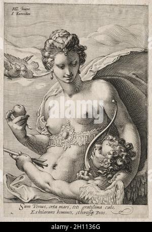 Drei Göttinnen: Venus und Amor, c. 1595. Jan Saenredam (Niederländisch, 1565-1607), nach Hendrick Goltzius (Niederländisch, 1558–1617). Gravur; Stockfoto