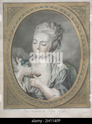 Die Frau, die Kaffee nimmt, 1774. Louis-Marin Bonnet (Französisch, 1736-1793). FarbstrichRadierung und Gravur mit aufgetragenem Blattgold; Blatt: 32.2 x 25 cm (12 11/16 x 9 13/16 Zoll); Bild: 28.5 x 23.3 cm (11 1/4 x 9 3/16 Zoll). Stockfoto