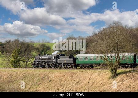 Dampfzug auf einer historischen Eisenbahn im Sommer. Stockfoto