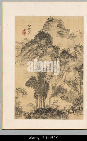 Wild Bridge, Poet's Walk, Ende 1700-Anfang 1800. Uragami Gyokudō (Japanisch, 1745-1820). Albumblatt; einfarbige Tinte auf Elfenbeinseide; Blatt: 25 x 16.8 cm (9 13/16 x 6 5/8 Zoll). Stockfoto