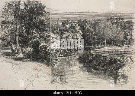 Dundrum River und die beiden Esel, 1863. Francis Seymour Haden (Großbritannien, 1818-1910). Radierung mit Bleistift; Stockfoto