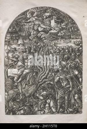 Die Apokalypse: Babylon, die Hure, sitzend auf dem Siebenköpfigen Tier, 1546-1556. Jean-Bettdecke (Französisch, 1485-1561). Gravur; Stockfoto