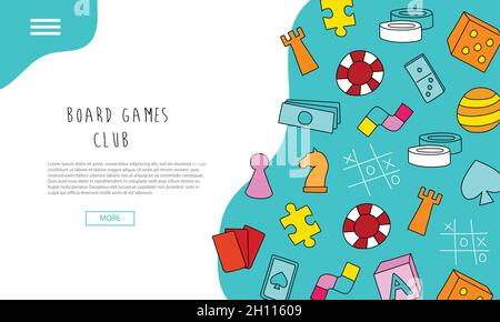 Brettspiele Club - Text Banner. Handgezeichnete Landing Page - Brettspiel-Community. Farbenfroher Cartoon-Stil Stock Vektor