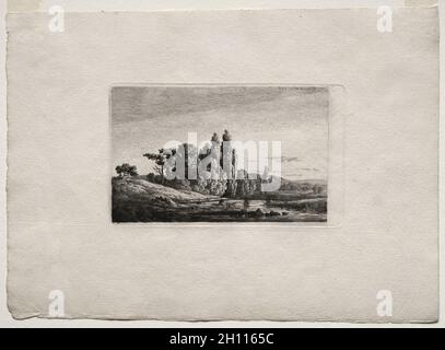 Steg mit Kreuz vor Bäume an einem Fluß, c 1803. Caspar David Friedrich (1774-1840). Ätzen; Blatt: 19,9 x 28 cm (7 13/16 x 11 in.); Bild: 8,8 x 14 cm (3 5/6 x 5 1/2 in.); Plattenrand: 9,2 x 15,2 cm (3 5/8 x 6 in.). Stockfoto