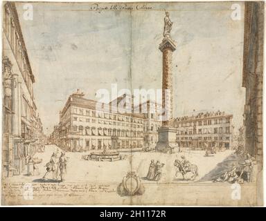 18 Blick auf Rom: Piazza Colonna, 1664. Lievin Cruyl (Flämisch, C. 1640 - C. 1720). Pen und braune Tusche und Pinsel in Grau und Blau waschen über Stift und Graphit; framing Linien in Bister; Blatt: 39,3 x 50 cm (15 1/2 x 19 11/16 in.). Stockfoto