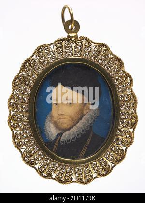 Porträt eines Mannes, 1590 s. Nicholas Hilliard (Briten, C. 1547-1619). Aquarell auf Pergament, in einem späteren vergoldeten Metallrahmen; gerahmt: 5,5 x 4,6 cm (2 3/16 x 1 13/16 in.); ohne Rahmen: 3,5 x 2,3 cm (1 3/8 x 7/8 in.). Stockfoto