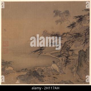 Beobachten Sie Hirsche durch einen von Pinien beschatteten Stream, 1127-1279. Ma Yuan (Chinesische, C. 1150 - nach 1255). Album Leaf, Tusche und Farbe auf Seide; gesamt: 33,7 x 39,3 cm (13 1/4 x 15 1/2 in.); mit Deckel: 67,5 x 39,3 cm (26 9/16 x 15 1/2 in.). Stockfoto