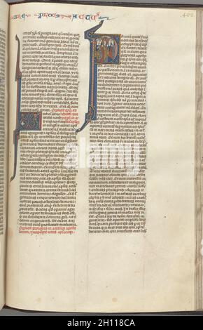 74. Fol. 463r, Apostelgeschichte, historiated initial P, die Himmelfahrt, c. 1275-1300. Südfrankreich, Toulouse(?), 13. Jahrhundert. Gebundene illuminierte Handschrift in lateinischer Sprache; brauner marokkanischer Einband; Tusche, Tempera und Gold auf Pergament; 533 Blätter; insgesamt: 35.6 x 24.2 cm (14 x 9 1/2 Zoll). Stockfoto