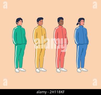 Verschiedene, multirassische Männer, die mehrfarbige Trainingsanzüge tragen. Flache Cartoon stilisierte Vektor-Illustration. Stock Vektor
