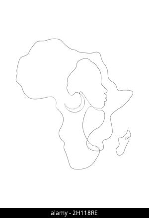 Schwarze afrikanische Frau im Linienkunststil, fortlaufende Linienzeichnung von Afro-Frau und afrikanische Kontinentalkarte. Vektor Linienarbeit Tattoo Symbol Logo isoliert Stock Vektor