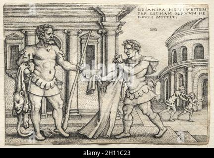 Die Heldentaten des Herkules: Herkules erhält die von Nessus' Blut durchtränkten Kleidungsstück, 1542. Hans Sebald Beham (Deutsch, 1500-1550). Gravur; Stockfoto