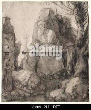 St. Jerome sitzt in der Nähe einer Pollard Willow, 1512. Albrecht Dürer (Deutsch, 1471-1528). Trockenpunkt; Bild: 20.7 x 18.1 cm (8 1/8 x 7 1/8 Zoll); Blatt: 20.7 x 18.1 cm (8 1/8 x 7 1/8 Zoll). Stockfoto