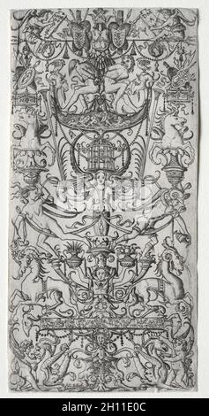 Ornament Panel mit einem Vogelkäfig, c. 1500-1512. Nicoletto da Modena (Italienisch). Gravur; Bild: 26.2 x 12.9 cm (10 5/16 x 5 1/16 Zoll). Stockfoto