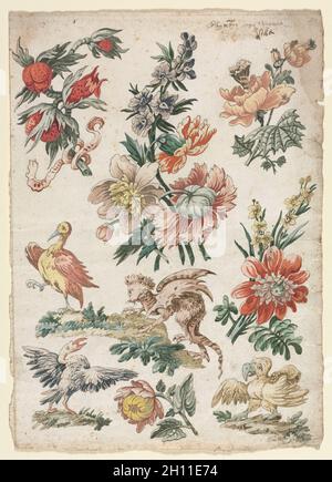 Florale Muster mit Vögeln und Griffon, 1784. Giacomo Cavenezia (Italienisch). Pen und Braun, Pinsel und Braun amd Grau waschen, Aquarell und Gouache; Blatt: 31,9 x 22,7 cm (12 9/16 x 8 15/16 in.). Stockfoto