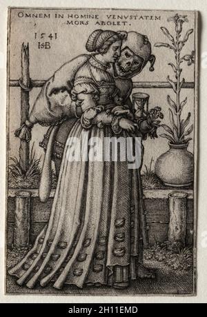 Die Frau des Todes, die als Narr maskiert, 1541. Hans Sebald Beham (Deutsch, 1500-1550). Gravur; Stockfoto