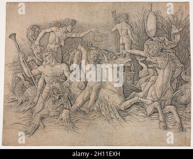 Schlacht der Meeresgötter - linker Teil. Andrea Mantegna (Italienisch, 1431-1506). Gravur; Blatt: 33 x 43.2 cm (13 x 17 Zoll); Mattengröße: 47.5 x 43.6 cm (18 11/16 x 17 3/16 Zoll). Stockfoto