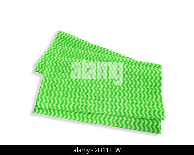 Nahaufnahme eines grünen und weißen J-Tuchs oder saugfähigen Tuchs, das für die Haushaltsreinigung verwendet wird, auf weißem Hintergrund Stockfoto