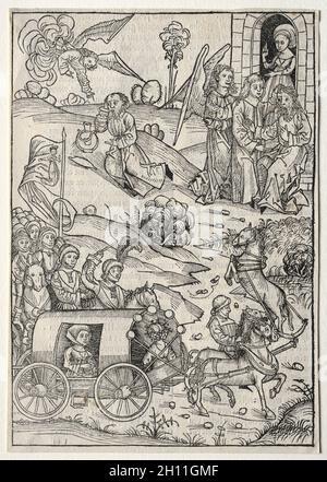 Der Schatzhalter: Die Rückkehr von Tobias zu Tobit; die Ankunft von Tobias' Frau; der Engel bringt Elijah Essen und Trinken in der Wüste, 1491. Michael Wolgemut (Deutsch, 1434-1519). Holzschnitt; Stockfoto