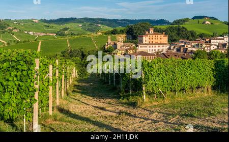 Das schöne Dorf Barolo und seine Weinberge an einem Sommernachmittag, in der Region Langhe im Piemont, Italien. Stockfoto