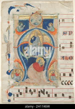 Fragment einer Antiphonar mit Historisierte Initiale (A): Christus in Majestät, 1308. Neri da Rimini (Italienisch). Tusche, Tempera und Gold auf Pergament; Blatt: 34 x 24 cm (13 3/8 x 9 7/16 in.). Stockfoto