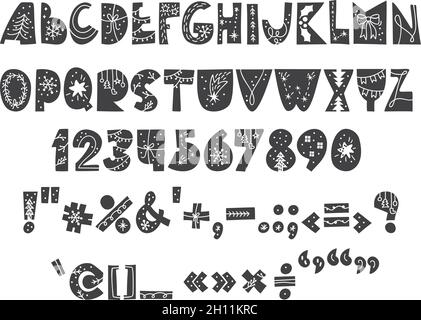 Handgezeichneter weihnachtsvektor fett abc Alphabet skandinavische Schrift von niedlichen Buchstaben und nordischen Zahlen isoliert auf weißem Hintergrund Stock Vektor