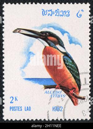 Eine in LAOS gedruckte Marke zeigt Eisvögel (Alcedo atthis) aus der Serie Birds, um 1982 Stockfoto