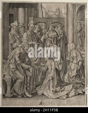 Esther vor Ahasveros, 1518. Lucas van Leyden (Niederländisch, 1494-1533). Gravur; Stockfoto