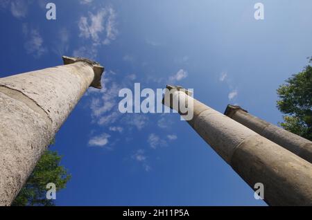 Altilia: Reste von Säulen aus der Römerzeit ragen vor dem blauen Himmel hervor. Molise, Italien Stockfoto