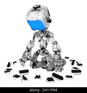 Screen Robot Figur Charakter kniend innerhalb Mikrochip Bit Elemente Kreis, 3d-Illustration, horizontal, isoliert Stockfoto