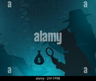 Cyberspace Detective Schattenfigur hinterfragt Bestechung, blaue Farbe, virtuelle Realität abstrakte 3d-Illustration, horizontal Stockfoto