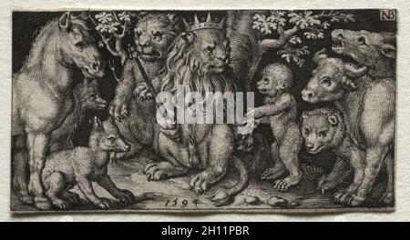 Kampf gegen die Chimären und Szenen zu Aesops Fabeln: Der König der Tiere, 1594. Nicolaes de Bruyn (Niederländischen, 1571-1656), A. van Londerseel. Gravur; Blatt: 3,2 x 6,1 cm (1 1/4 x 2 3/8 in.). Stockfoto