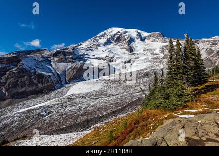 Nisqually Glacier von Glacier Vista entlang des Skyline Trail im Paradise Area des Mount Rainier National Park, Washington State, USA Stockfoto