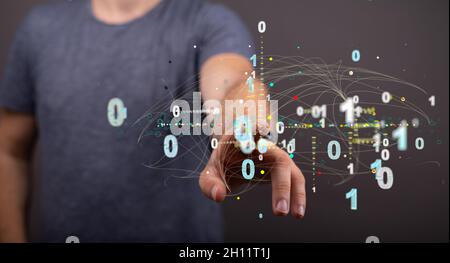Illustration von Binärcodes und einer menschlichen Hand, die einen transparenten Bildschirm berührt Stockfoto