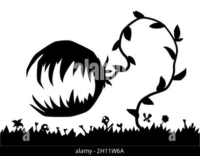 Böse räuberische Pflanze Halloween Monster Szene Silhouette Cartoon schwarz, Vektor-Illustration, horizontal, über weiß Stock Vektor