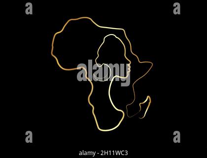 Schwarze afrikanische Frau im goldenen Linienkunststil, fortlaufende Linienzeichnung der Afro-Frau und afrikanische Kontinentalkarte. Vektor goldenes Linienwerk Symbol-Logo isoliert Stock Vektor