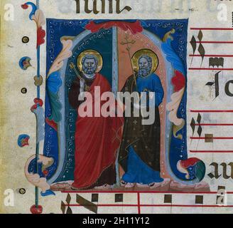 Blatt von einer Allmählichen mit Historisierte Initiale (M): SS. Peter und Andreas C. 1320-1340. Master von Isaac und Esau (Italienisch). Tusche, Tempera und Gold auf Pergament; Blatt: 54,5 x 37,5 cm (21 5/6 x 14 3/4 in.). Stockfoto