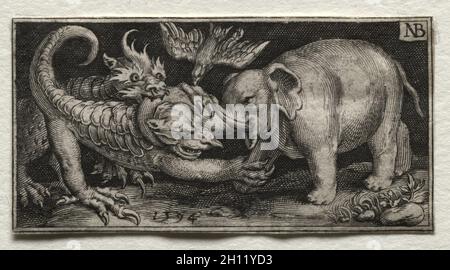 Kampf gegen die Chimären und Szenen zu Aesops Fabeln: Elefanten kämpfen zwei Tiere, 1594. Nicolaes de Bruyn (Niederländischen, 1571-1656), A. van Londerseel. Gravur; Blatt: 3 x 5,7 cm (1 3/16 x 2 1/4 in.). Stockfoto