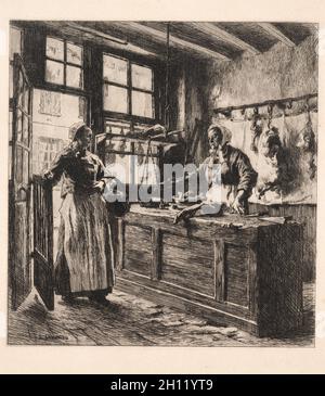 Der Innenraum eines Metzgerladen. Léon Augustin Lhermitte (Französisch, 1844-1925). Ätzen; Stockfoto