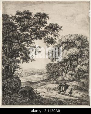 Sechs große aufrechte Landschaften mit Szenen aus dem Alten Testament: Abraham entlässt Hagar und Ismael, 1640-90. Anthonie Waterloo (Niederländisch, 1609/10-1690). Ätzen; Stockfoto