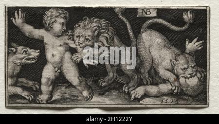 Kampf gegen die Chimären und Szenen zu Aesops Fabeln: Löwen gegen Kinder, 1594. Nicolaes de Bruyn (Niederländischen, 1571-1656), A. van Londerseel. Gravur; Blatt: 2,8 x 5,7 cm (1 1/8 x 2 1/4 in.). Stockfoto