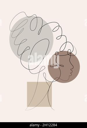 Elegante One Line Sketche der Frau Abstraktes Porträt. Weibliche Frisur Zeichnung Minimalist Line Style Trendy Illustration für Kosmetik. Durchgehende Linie Stock Vektor