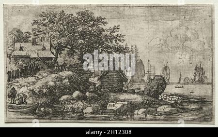 Acht Landschaften (H. 57-64): Landschaft mit zwei leeren Booten, 1936-75. Allart van Everdingen (Niederländisch, 1621-1675). Ätzen; Stockfoto