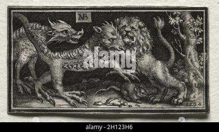 Kampf gegen die Chimären und Szenen zu Aesops Fabeln: Löwen kämpfen zwei Tiere, 1594. Nicolaes de Bruyn (Niederländischen, 1571-1656), A. van Londerseel. Gravur; Blatt: 3,1 x 5,8 cm (1 1/4 x 2 5/16 in.). Stockfoto