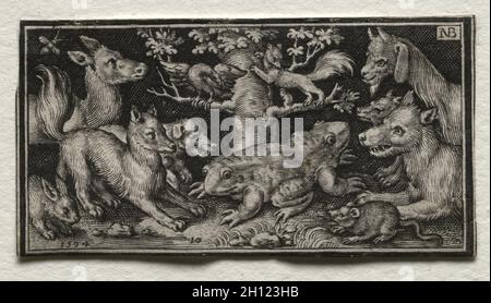 Kampf gegen die Chimären und Szenen zu Aesops Fabeln: Zwei-köpfige Frosch durch Tiere, 1594 umgeben. Nicolaes de Bruyn (Niederländischen, 1571-1656), A. van Londerseel. Gravur; Blatt: 3 x 5,8 cm (1 3/16 x 2 5/16 in.). Stockfoto