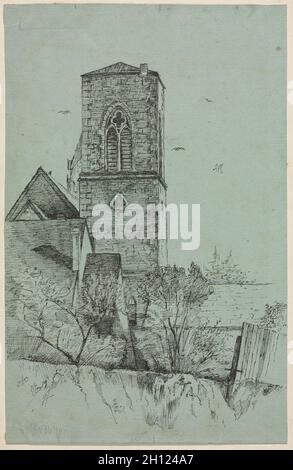 Tower of the Chimes, Old Trinity, Cleveland, c. 1870-1909. Otto H. Bacher (Amerikaner, 1856-1909). Zeichnung auf blauem Papier; Blatt: 26.4 x 17.1 cm (10 3/8 x 6 3/4 Zoll). Stockfoto